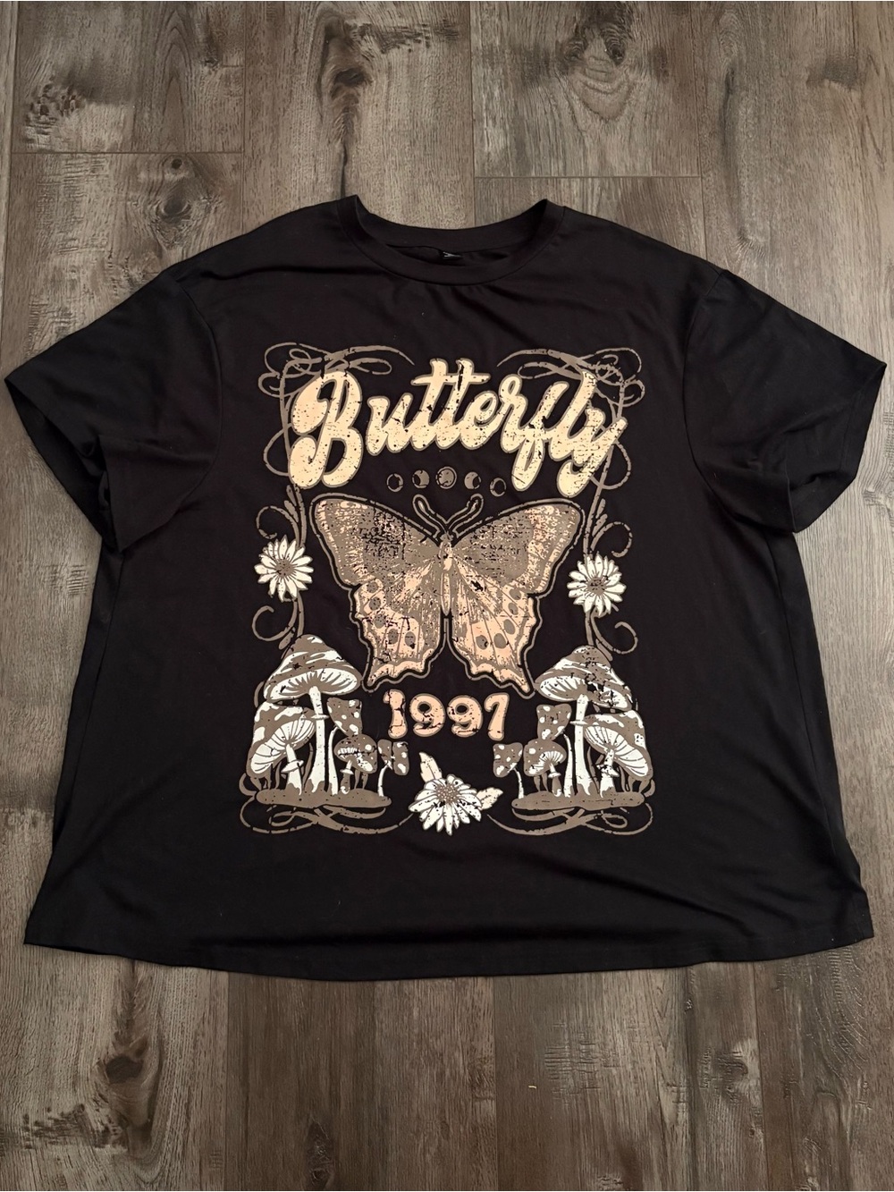 SHEIN Black Butterfly Graphic Tee with Gold and Cream Print